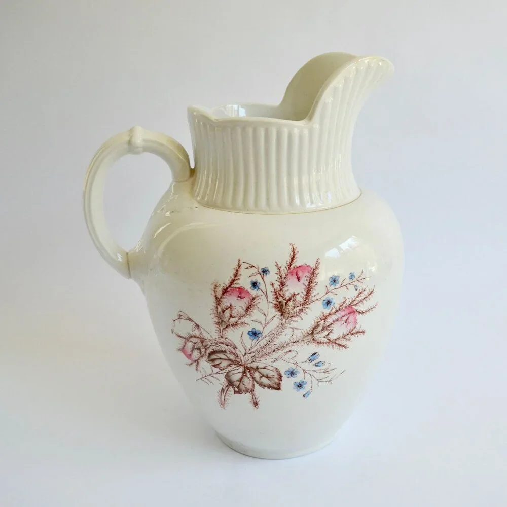Antique Iowa Ironstone Chamber Pitcher 1800's Floral Pattern 12